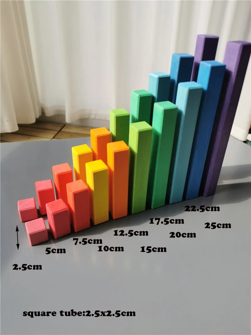 Large Wooden Building Blocks Set Rainbow Stacking Counting Timber Square Construction Tube Toys for Kids Educational Play