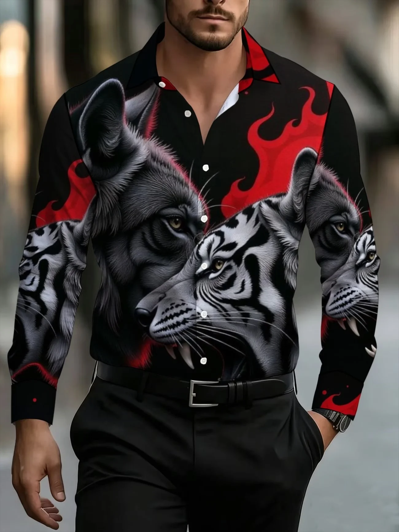 

New black and white tiger flame printed men's long sleeved shirt with domineering animal pattern casual shirt