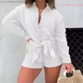 طقم نسائي من قطعتين بتصميم أنيق للعمل، قميص بأكمام طويلة وخصر مرتفع من قماش مجعد، أزياء ربيعية عصرية، مقاس للكبار #4