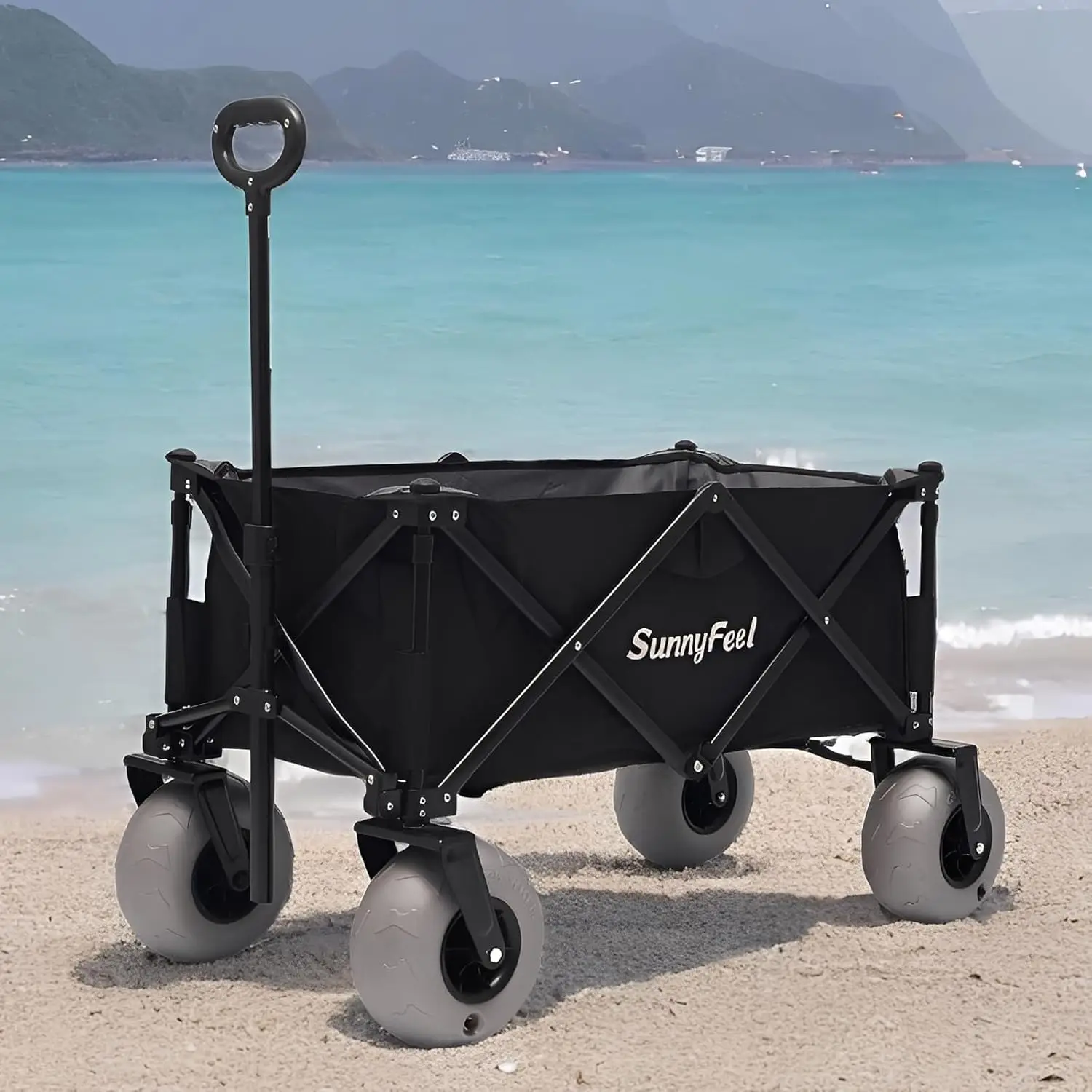 Beach, Camping, Sports and Garden Use, Steel Frame, Black, 550lbs Heavy Duty Folding Wagon with 9\