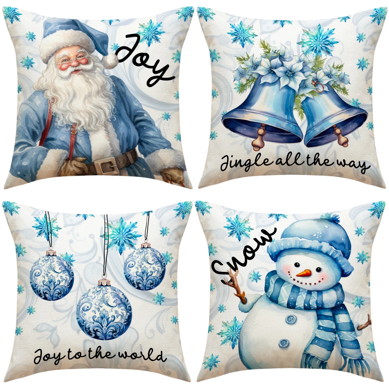 

Winter Blue Christmas Pillowcase Cartoon Santa Claus Snowman Bell Xmas Ball Sofa Ornament Merry Christmas Sofa Car Cushion Cover