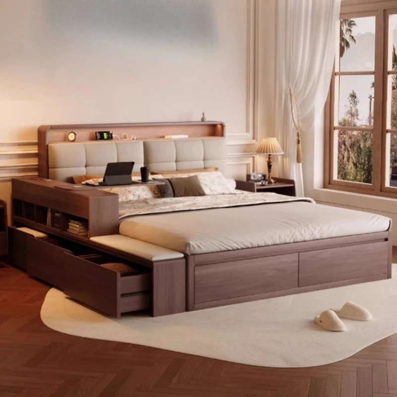 

Box Frame Wooden Bed Vintage Storage Minimalist Lounge Bed Full Size Sleeping Cama De Lujo Para Dormitorio Home Furniture