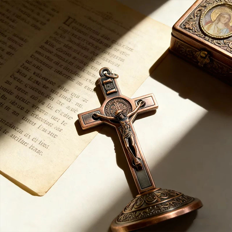 New Antique Copper St. Benedict Standing Crucifix, Ornate Base with INRI Plaque, Premium Catholic Altar Decor for Home Prayer