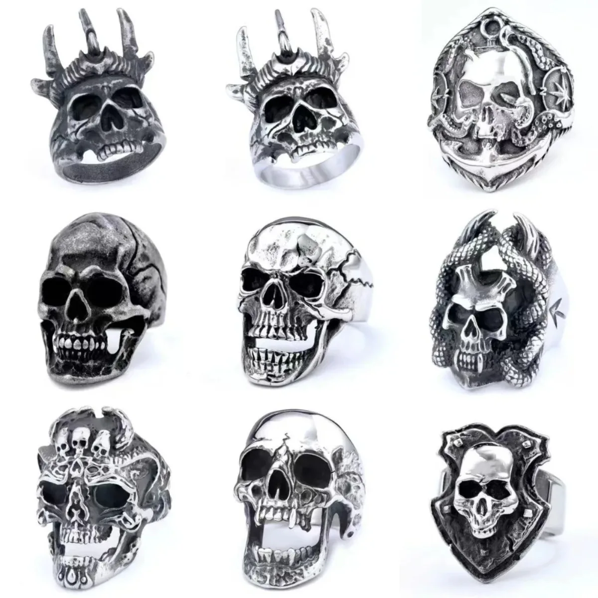 Vintage Hip Hop Heavy Metal Skull Rings for Men Silver Color Stainless Steel Punk Jewelry Death God Pirate Skeleton Accessories