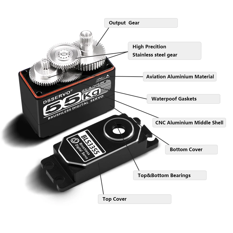 

BLS3355 55KG Digital Servo 8.4V Brushless 0.09s IP67 Waterproof Full Metal for RC Cars/DIY