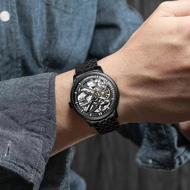 Cool Black Skeleton Watch For Men Luxury Brand Mark Fairwhale Business Dress Stainless Steel Automatic Mechanical Wristwatch Man