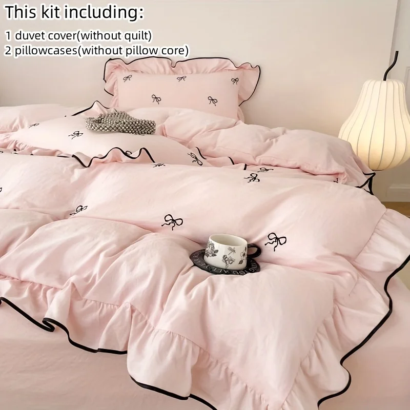 Cute Embroidered Bedding Set Including A Quilt Cover and Pillowcases 4pcs Set of Korean Girls' Bedding Bedroom Decoration