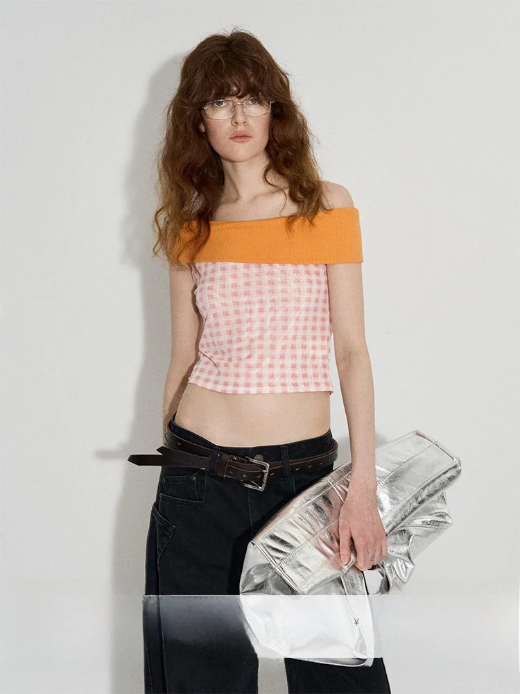 

Romantic Beach Vacation Style off Shoulder Double Layered Mesh Plaid Crop Top for Young Women 18-24 Years Old Spring Summer