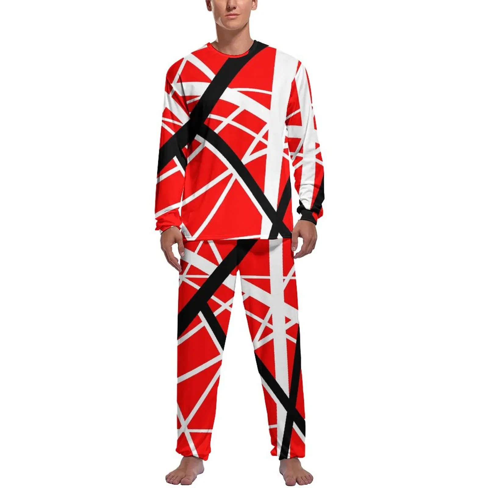 Van Halen Pajamas Autumn Two Piece Red Black and White Line Art Trendy Pajamas Set Man Long Sleeve Casual Graphic Nightwear