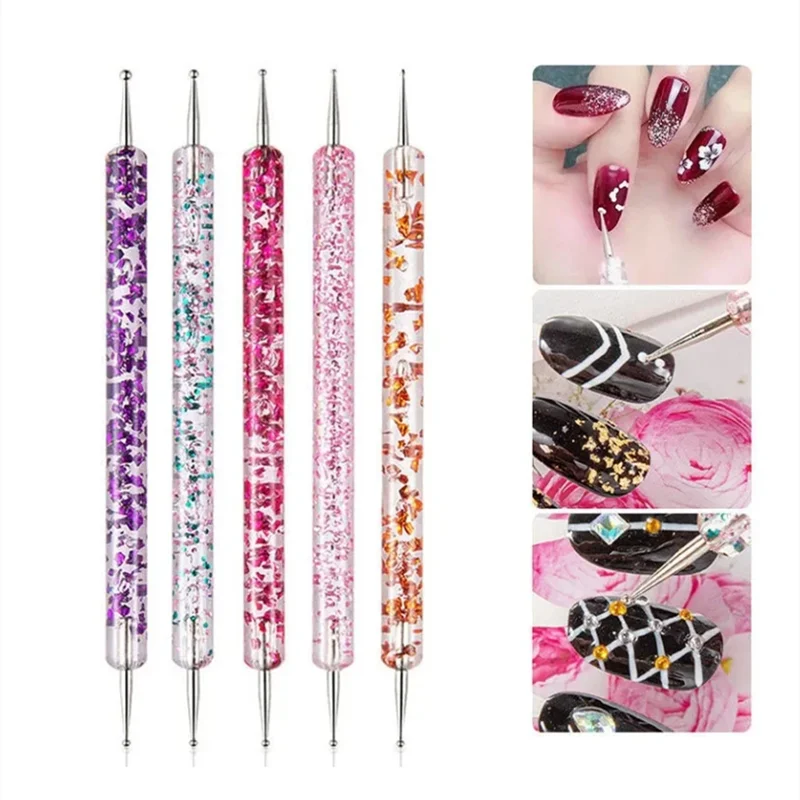 5 pz/set portatile nail art punteggiatura penna perline di cristallo manico disegno a doppia estremità pittura strass gemme penne strumenti per manicure