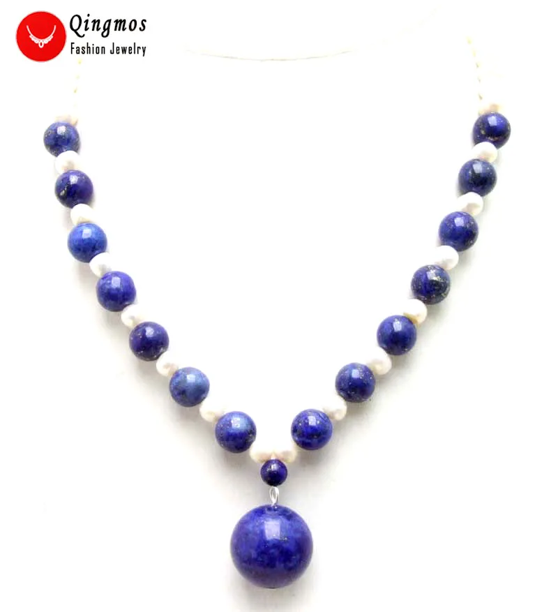 

Qingmos 18mm Round Natural Blue Lapis Lazuli Pendant Necklace for Women with 6-7mm Round White Pearl Necklace 17" Choker Jewelry