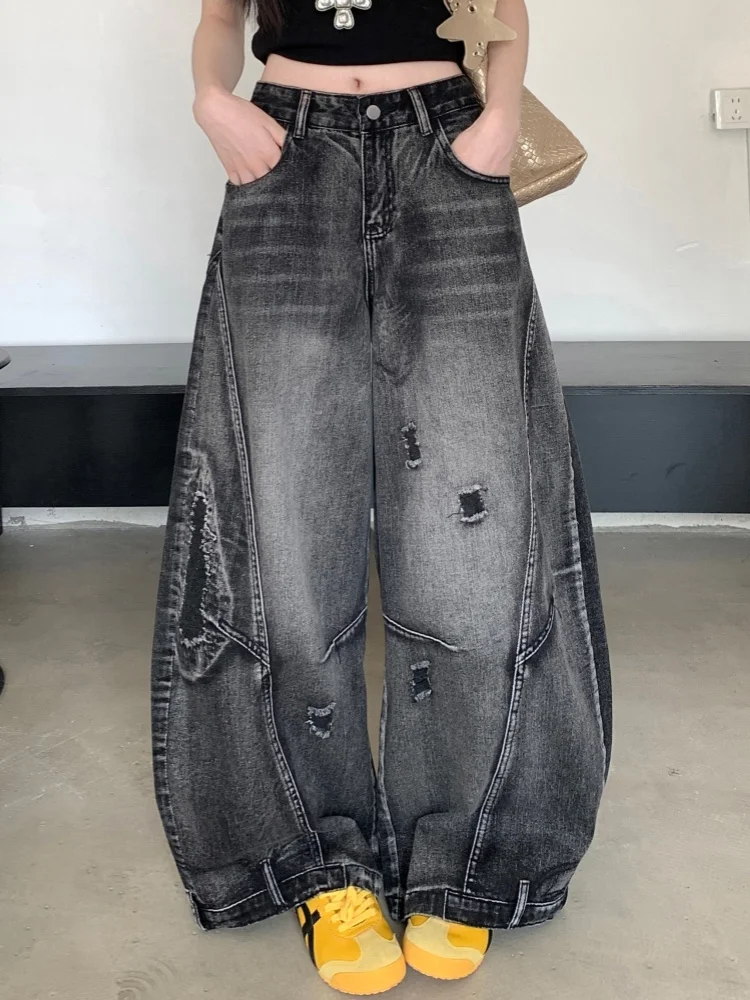 

2025 Ropa Y2K Streetwear Vintage Black Grey Baggy Ripped Stacked Jeans Pants For Women Clothing Wide Leg Hip Hop Lady Trousers
