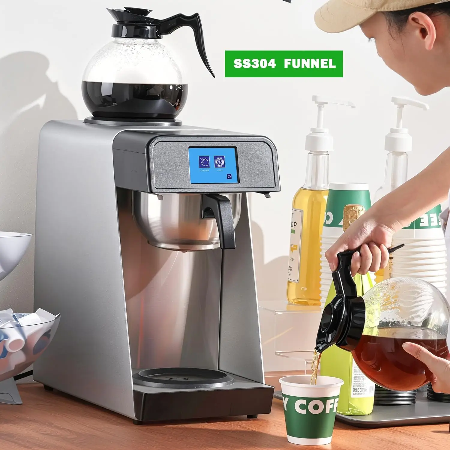 12カップ業務用ドリップコーヒーメーカー 1.8L自動充填式コーヒーポアオーバーマシン、ガラスカラフェ2個、ウォーマー2個、LCDパネル、自動機能付き