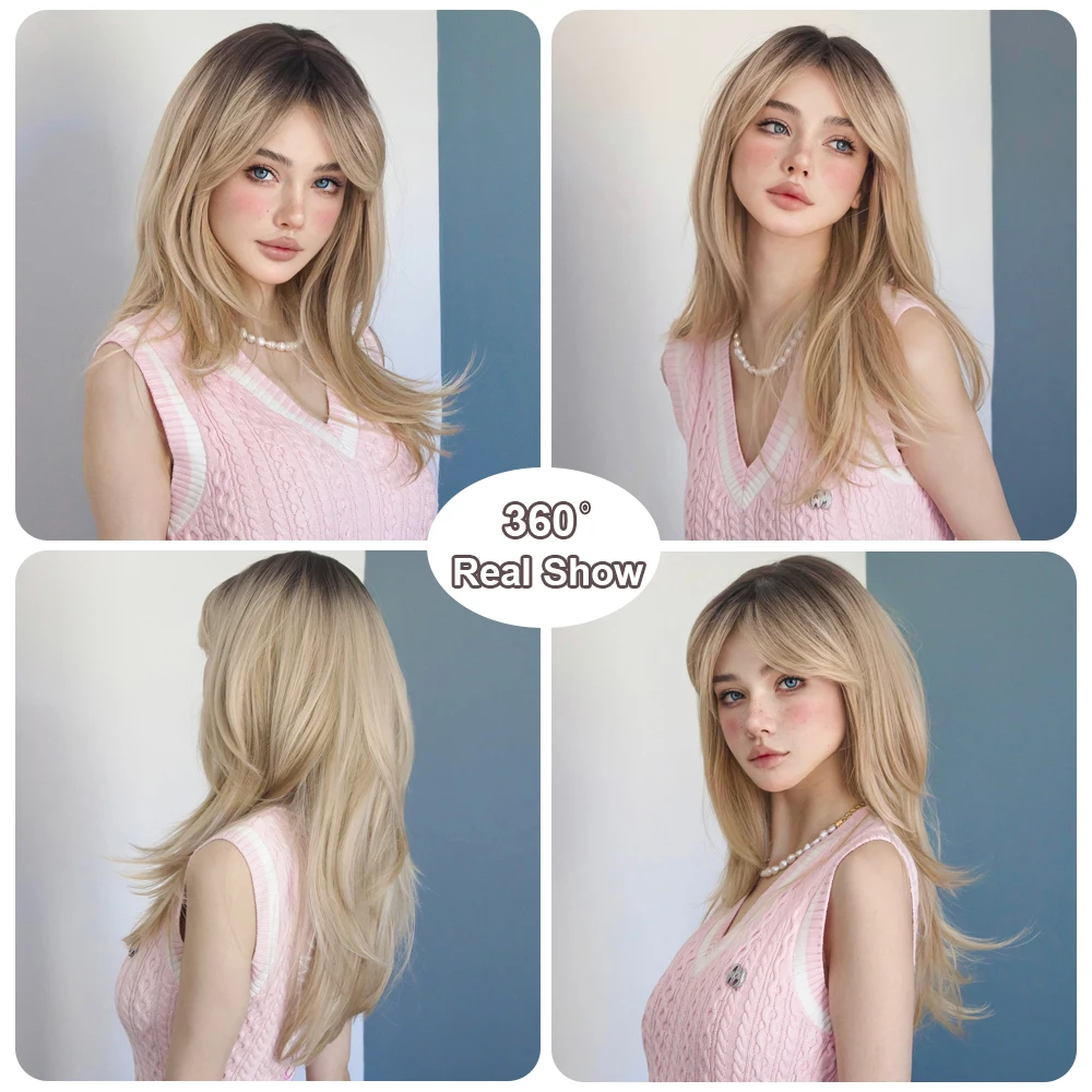 Blond Ombre Peruka syntetyczna z grzywką Długie proste peruki Kobiety Naturalne peruki warstwowe Impreza Codzienna Lolita Peruka z włókna