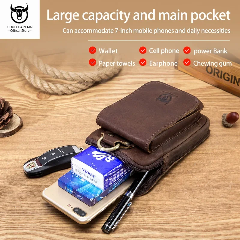 BULLCAPTAIN Men\'s Genuine Leather Waist Bag Retro Casual 6.7-Inch Mobile Phone Bag Multifunctional Double Layer Waist Bag