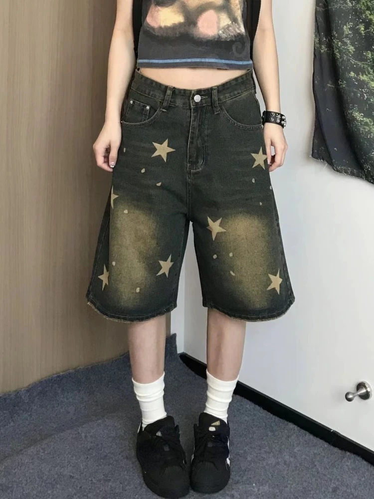 Sommer Blue Star Denim Shorts 90er Jahre ästhetische knielange Jeans Shorts Frauen 2000s Vintage Y2k Cowboy kurze Hosen Harajuku Kleidung