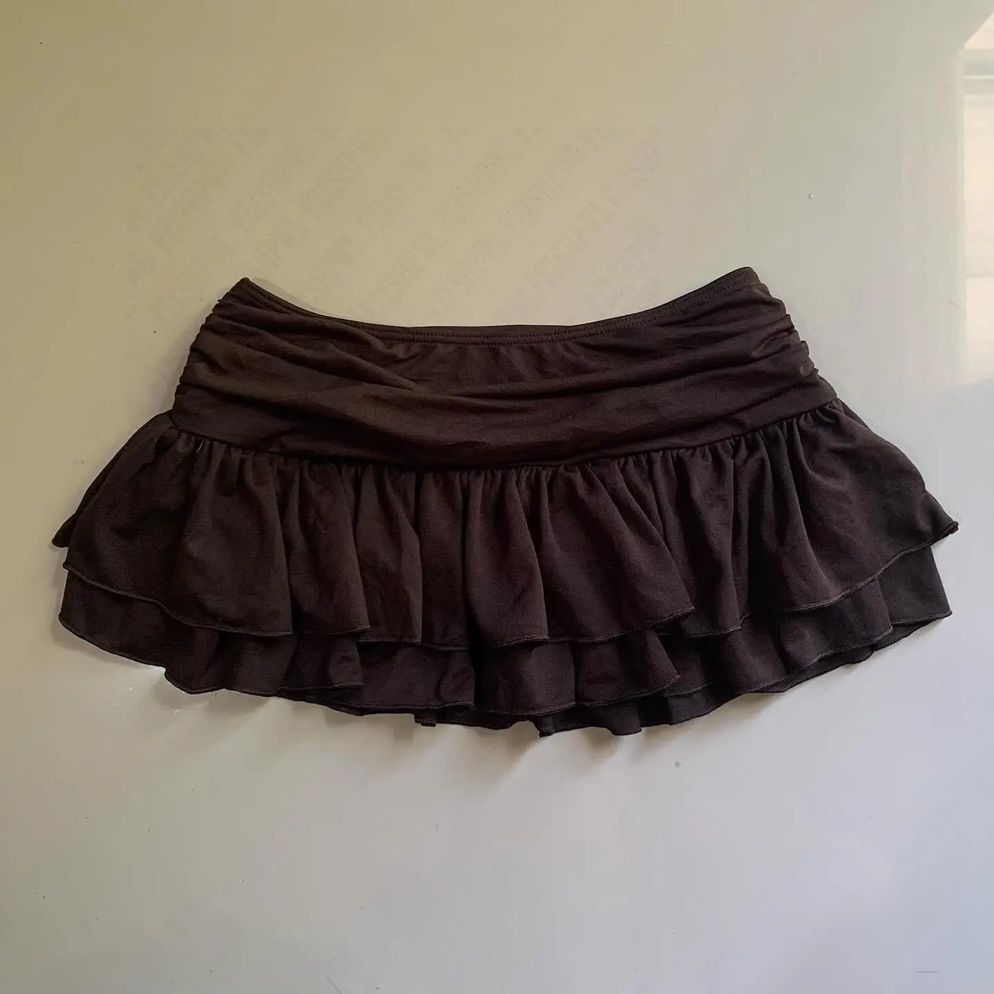 Summer Ruched Skirts Women's Brown Y2K cute Mini Beachwear Casual Short Skirt Fashion  retro Kawaii Style solid color mini Skirt