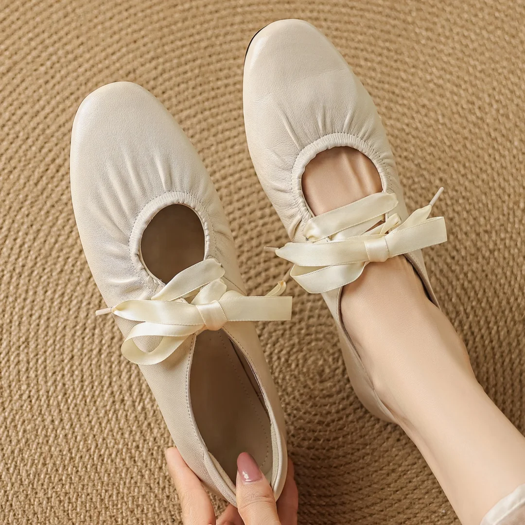 

Женские балетки из натуральной кожи с круглым носком, плиссированные на шнуровке, высококачественные мягкие удобные повседневные женские повседневные эспадрильи, хит продаж