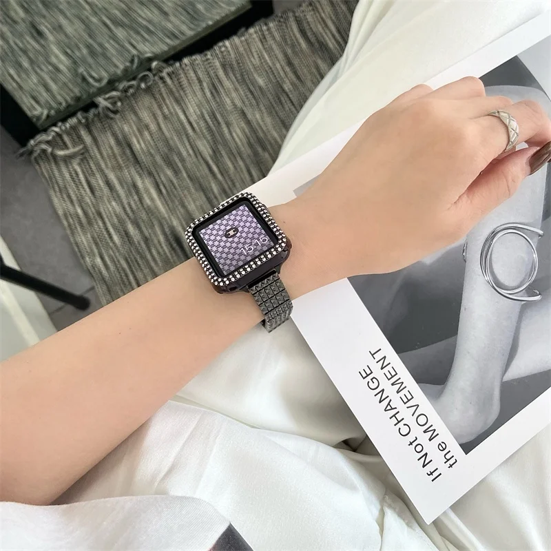 حزام ساعة معدني من الفولاذ المقاوم للصدأ ذو سلسلة ضيقة منقوشة لسلسلة ساعات Apple Watch 7/6/5/4/se/3/2/1