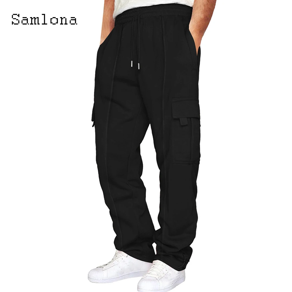 

Samlona 2023 Men Casual Straight Pants Solid Black Grey Elastic Waist Pocket Trousers Plus Size Mens Fashion Leisure Sweatpants