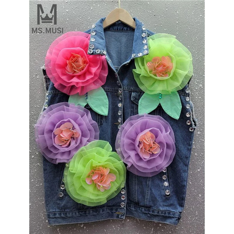 

MSMUSI 2024 New Fashion Women Sexy Lapel Floral Diamond Crystal Sequins Sleeveless Blazer Top Bodycon Short Jacket Denim Coat