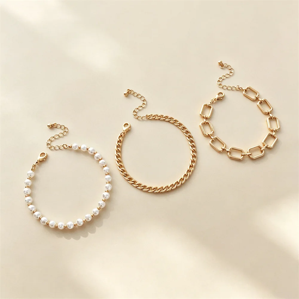 3 Pcs Gold Color Dainty Stackable Bracelet Set Tiny Pearl Bead Thin Curb Chain Minimalist Elegant Daily Jewelry for Women