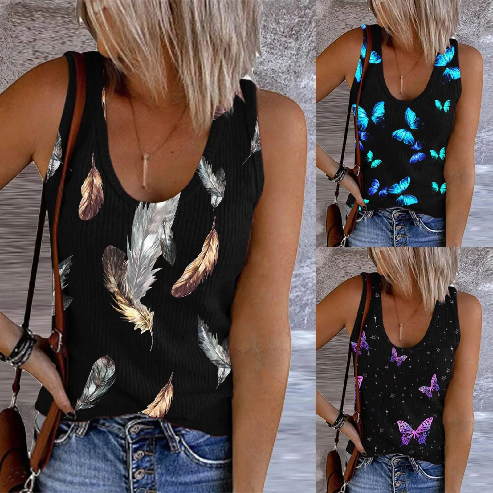 Women's Slim Fit Printed Vest Top T-irt Svel Polyester Fabric Faionable Summer Casual Wear Comfortable round Ne