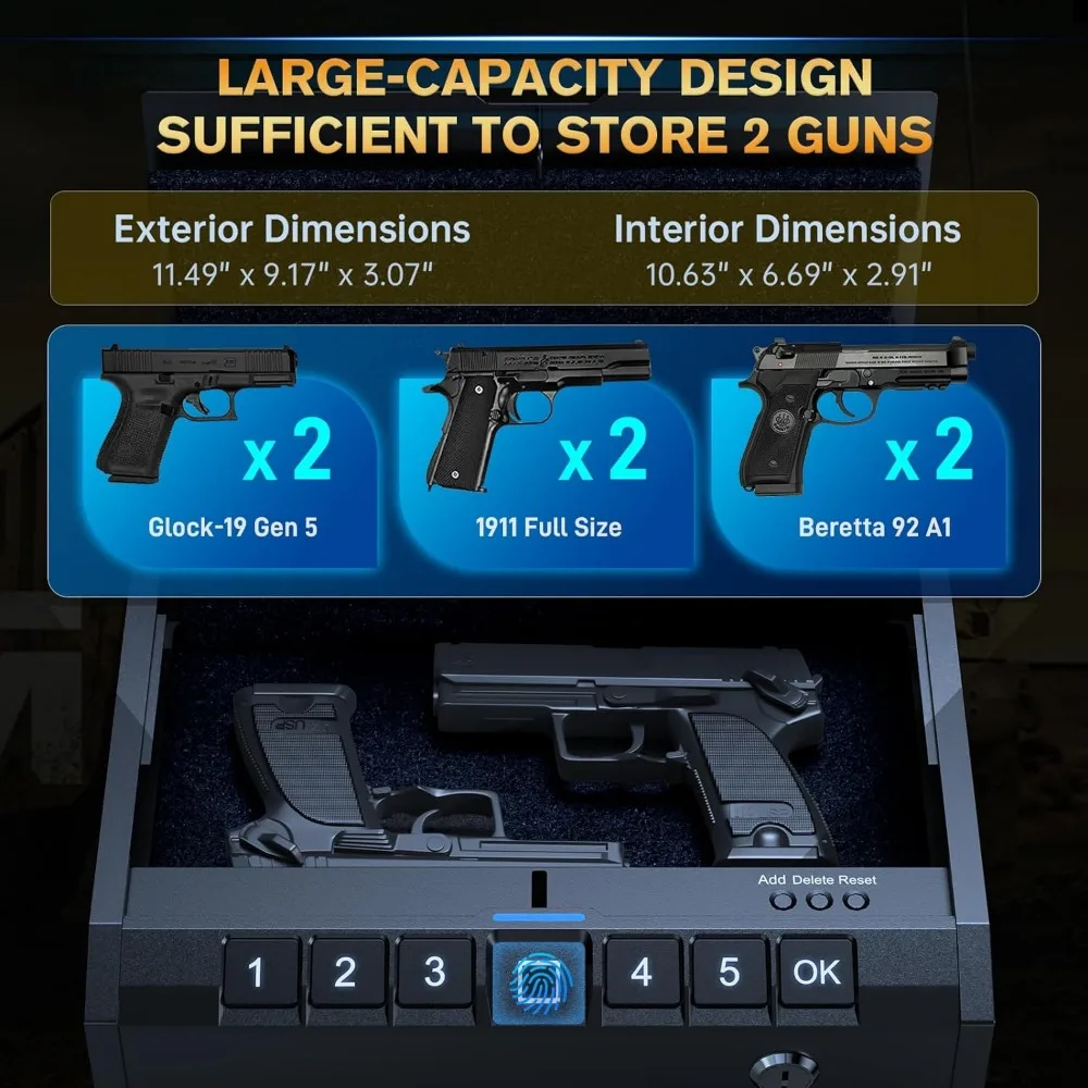 ONNAIS-Biometric Gun Safe para Pistolas, Quick-Access, Dispositivo de segurança de arma de fogo com bloqueio de impressão digital ou chave