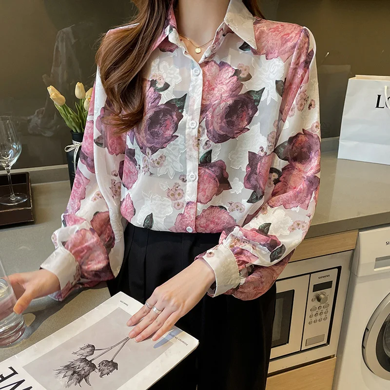 Women Spring Korean Fashion Loose Printing Turn-down Collar Long Sleeve Shirts Women Clothes Casual Office Lady All-match Tops