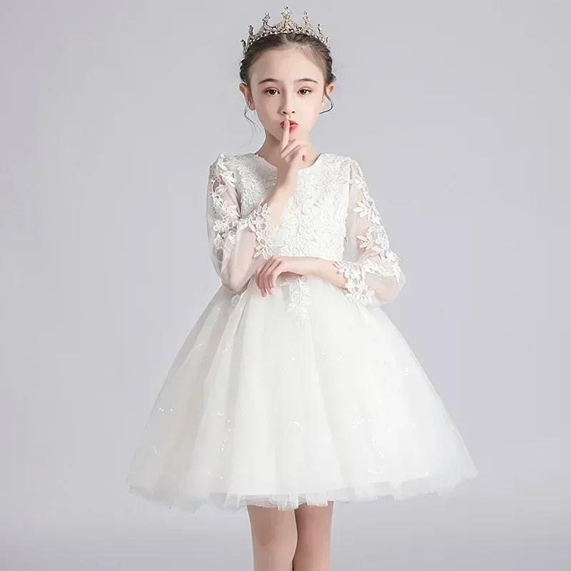 Children's Princess Dress 2024 New Spring Girls' White Performance Mesh Dress Children's Wear