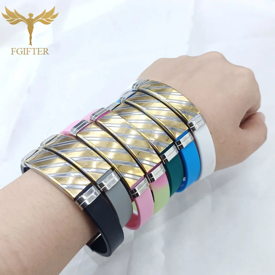 ﻿Fashion Men Women Stainless Steel Geometric Stripe Bracelets Soft Black White Pink Rubber Belt Washable Hand Jewelry Ornament