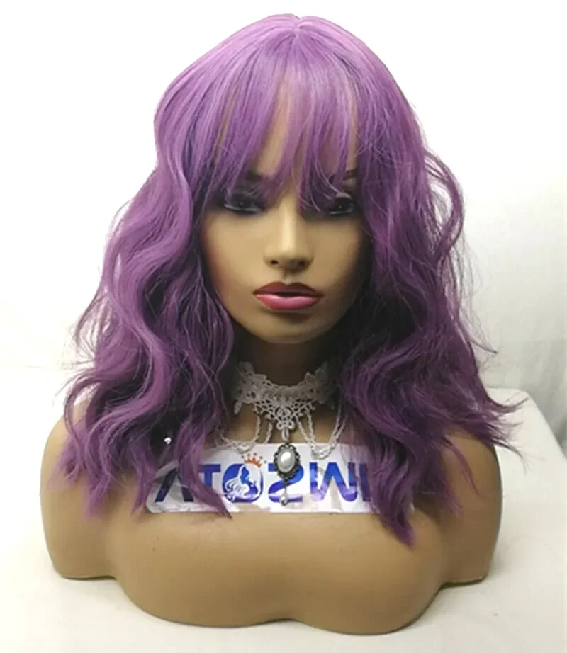 Lolita Shoulder Length Deep Bob Purple Deep Wave Synthetic Hair Wig With Bangs