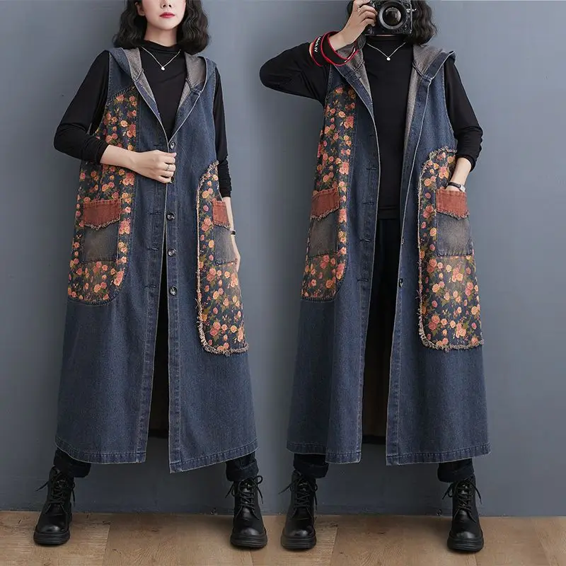 

2026 Vintage Washed Denim Printed Vest Women's Long Waistcoat Spring Autumn Large-size Loose Jacket Hooded Overcoat Casual Coats