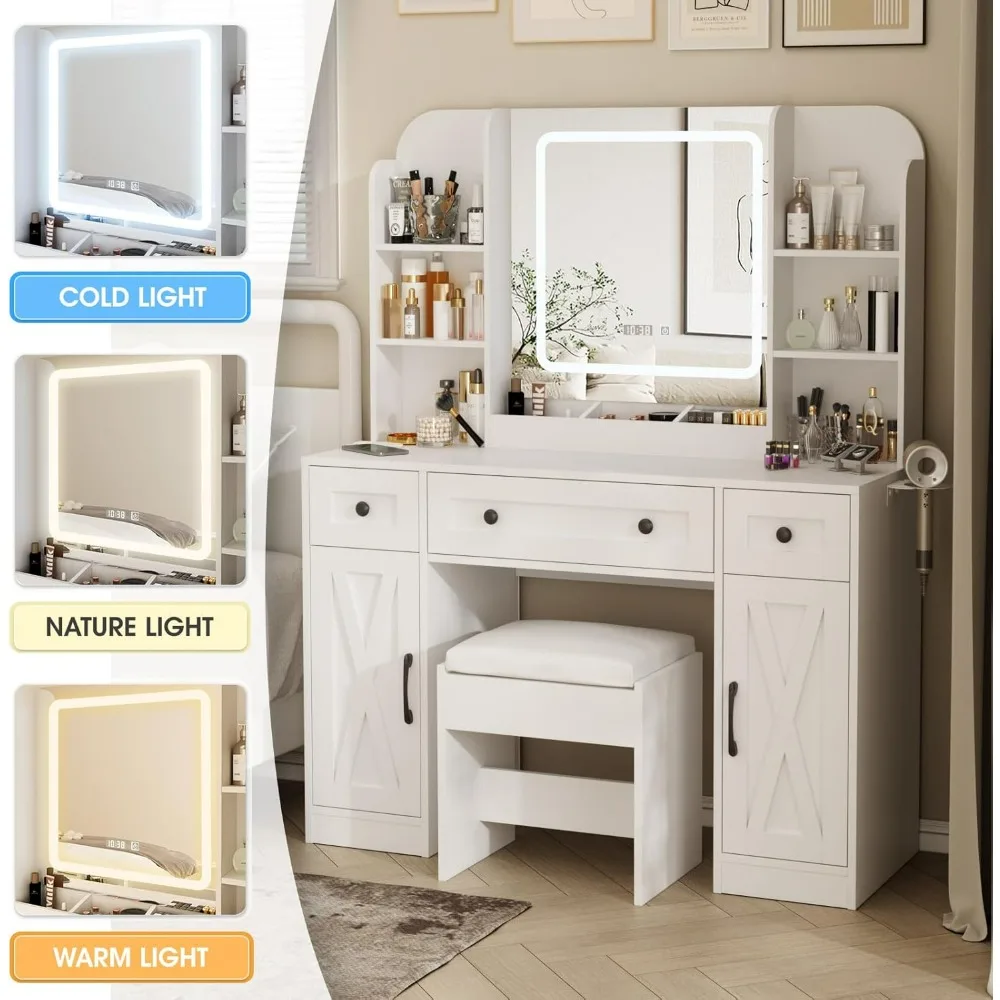 Makeup Vanity Desk, Lights Desk and Chair, 3 Large Drawers & 2 Cabinets, Time and Temperature Display, 3 Lighting Modes, Vanity