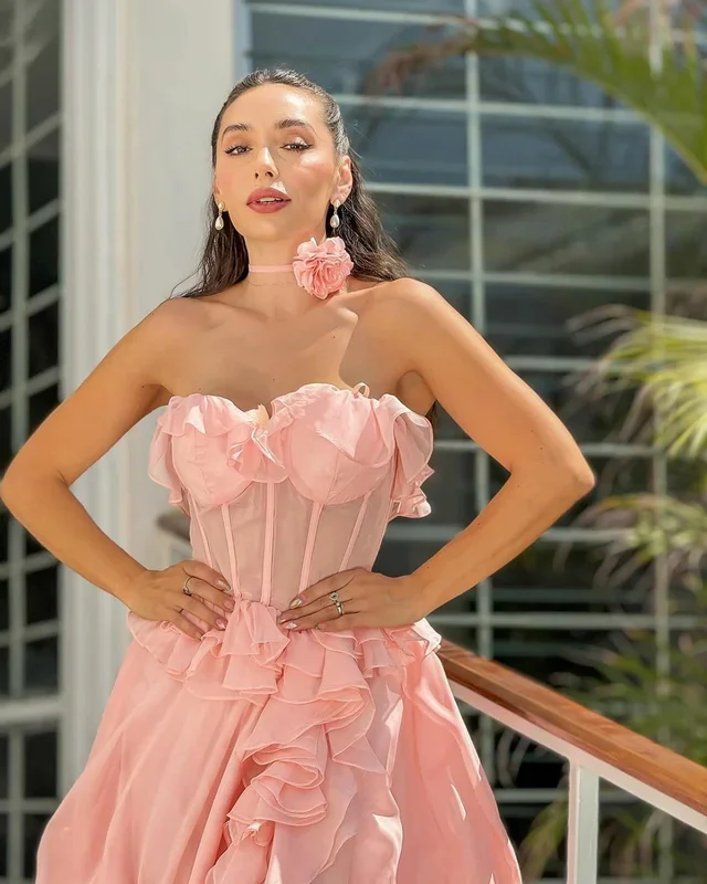 Little Daisy Blush Pink Chiffon Prom Dresses Strapless High Split A-Line Ruffles Princess 2024 Evening Gown for Women Formal