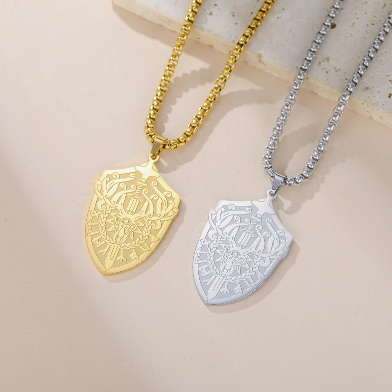 

Viking Sword Deer Head Bone Rune Shield Pendant Necklace Custom Text Name Stainless Steel Box Chain Jewelry for Men Gift