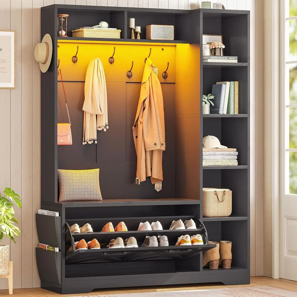 Black Entryway Bench with Shoe Storage, Coat Rack, 7 Shelves, 10 Hooks, LED Lights