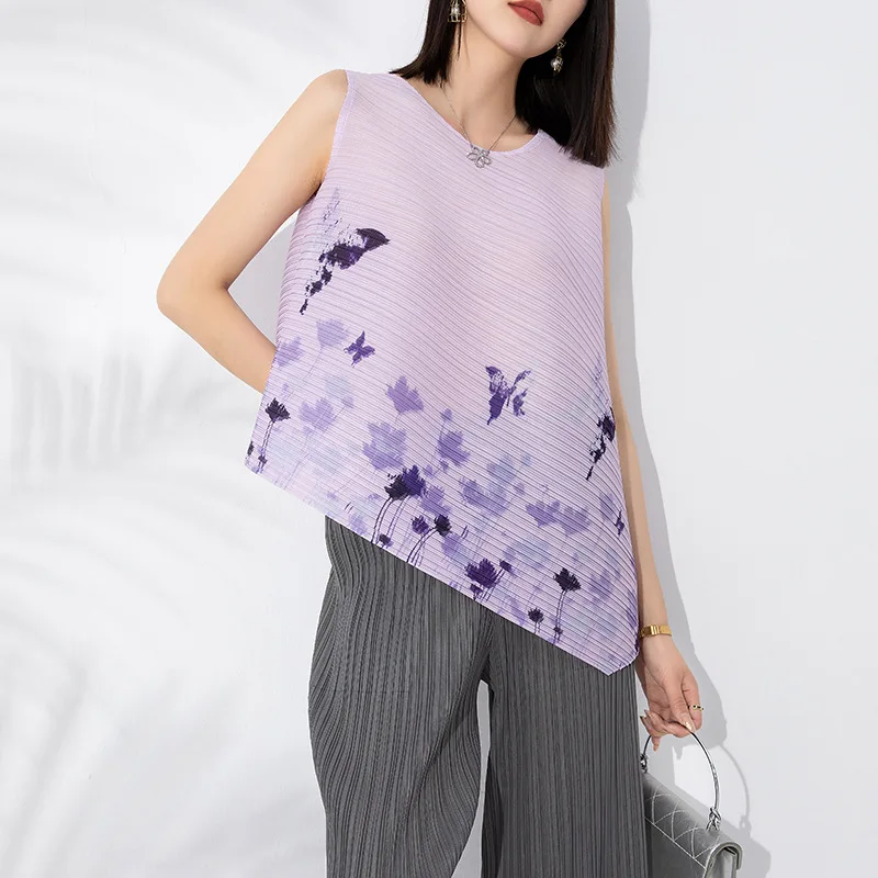 MIYAKE Style High end pleated butterfly print irregular sleeveless top, summer new loose and versatile casual vest [20230227]