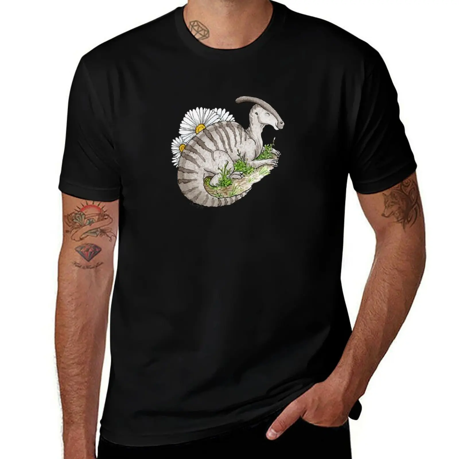 Parasaurolophus + Daisies T-Shirt Functional Casual Short Sleeve Tee T-Shirt