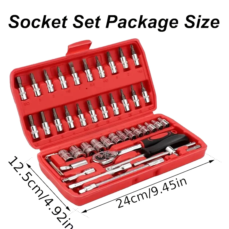 46ps Drive Socket Set 1/4 Inch Ratchet Wrench Set With Sockets Metric Hex Bit Socket Set Mechanic Tool Kits For Auto Repair Hous