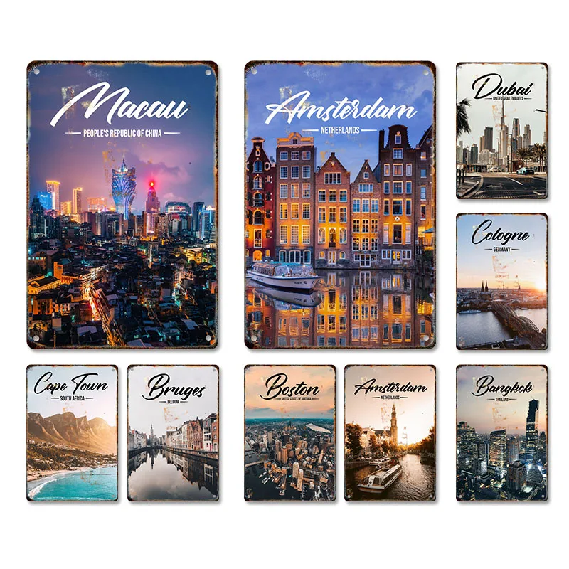 Vintage Travel Cities Metal Sign Paris London Rome Sydney Landscape Iron Painting Retro Poster Living Room Home Wall Art Decor