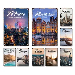 Vintage Travel Cities Metal Sign Paris London Rome Sydney Landscape Iron Painting Retro Poster Living Room Home Wall Art Decor