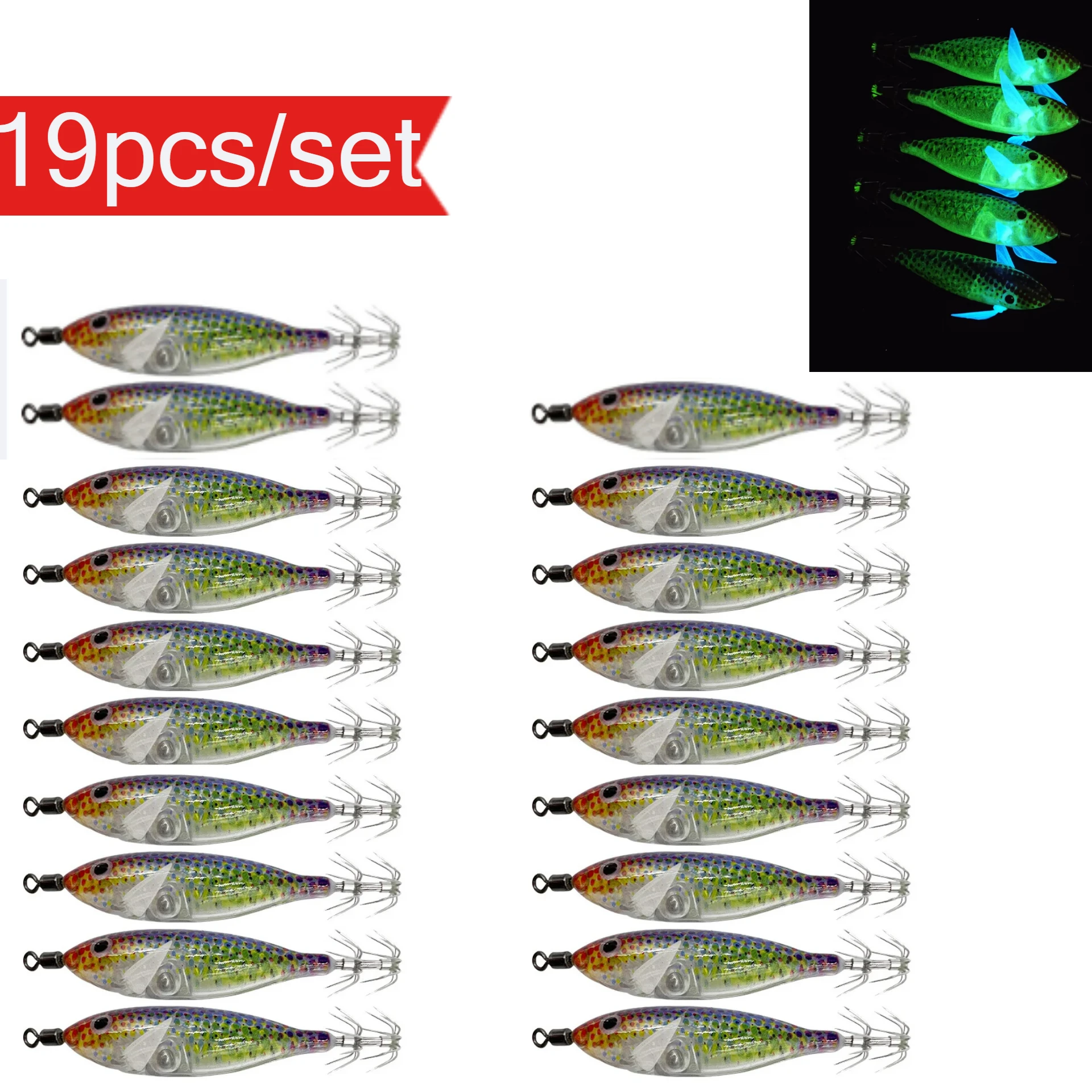 19 Stück/Set 8cm/5,7g Garnelen-Angelköder Leuchtender Tintenfisch-Jig-Haken Künstlicher Köder Oktopus-Köder Meeresfischerei-Zubehör