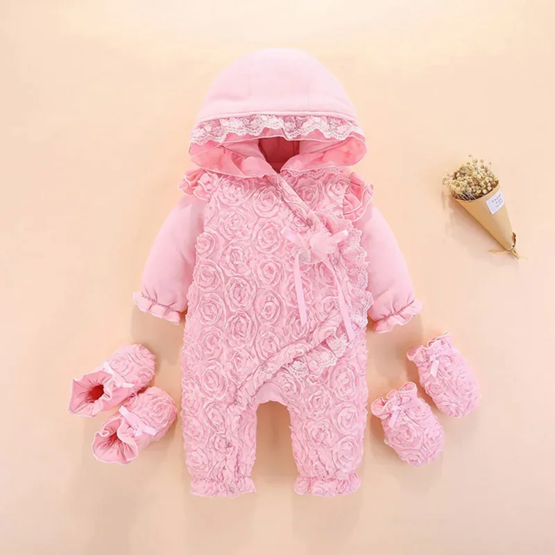 Coslan Baby Hooddied Jumpsuit 0 3 6 9 Months Infant Romper Newborn Baby Girl Clothes Fall Cotton Lace Princess Style Socks Headb