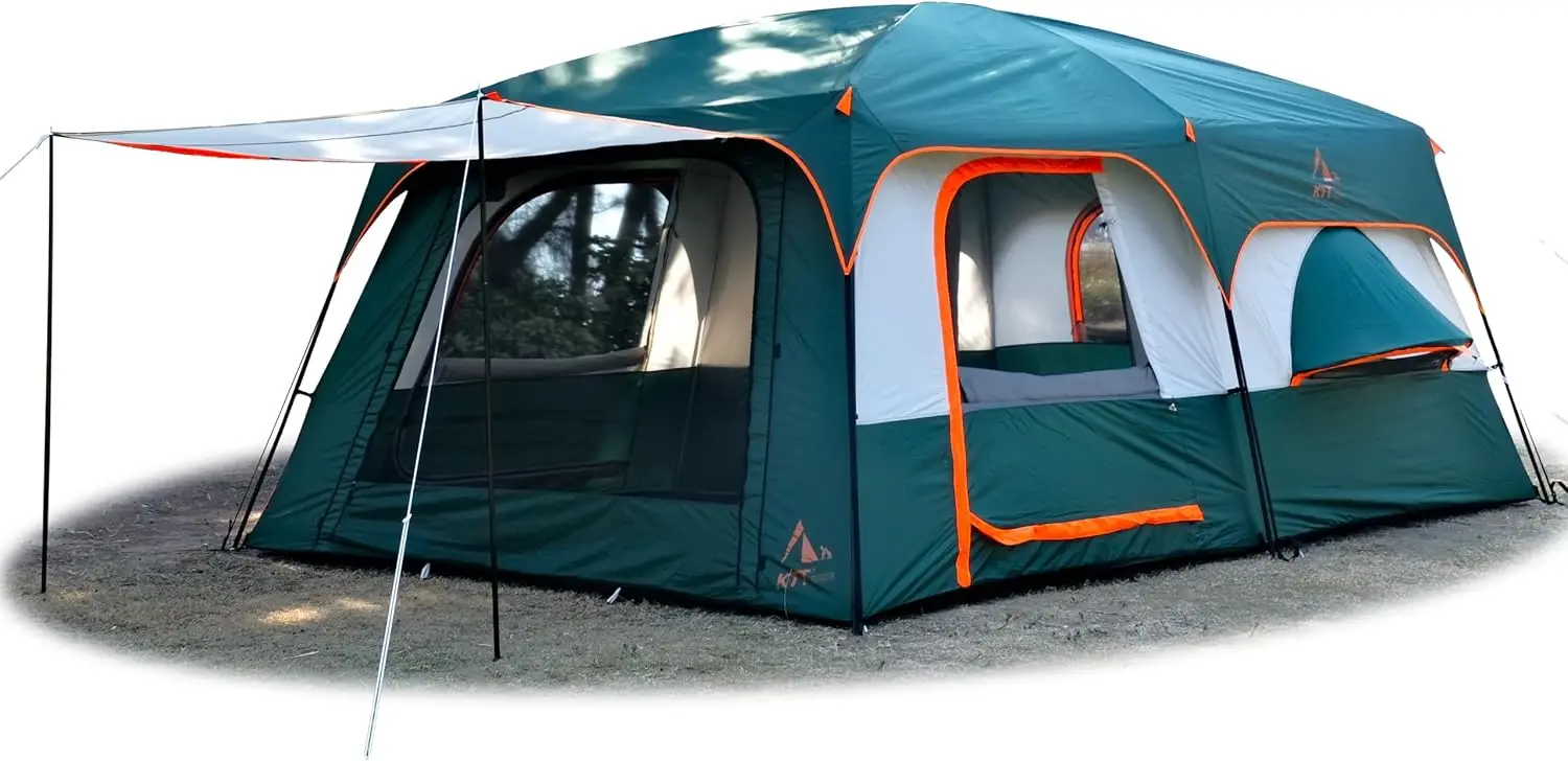 Extra Large Family Camping Tent 12 to 14 Person 2 Rooms 3 Doors Straight Wall Waterproof Double Layer