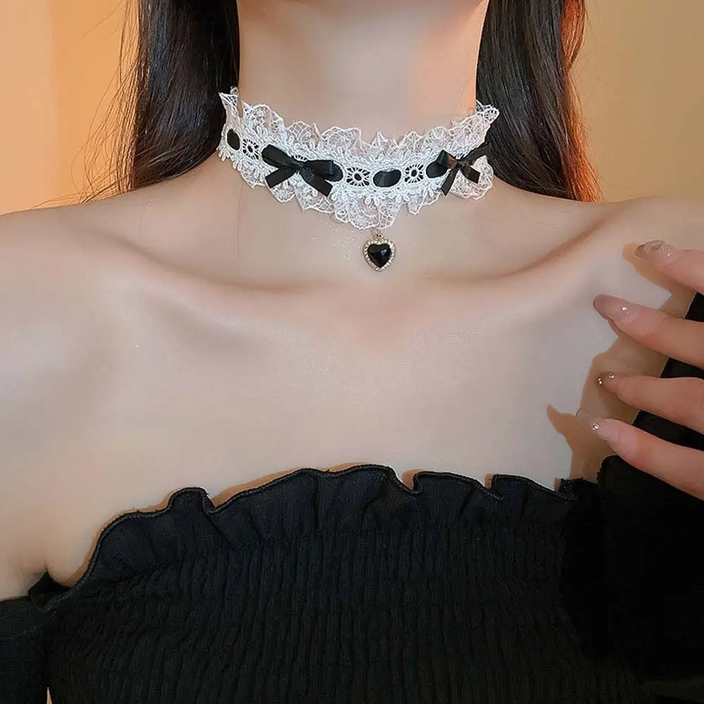 Cloth Lace Necklace Lolita Cosplay Love Heart Pendant Lace Pendant Clavicle Chain Jewelry Gothic Collar Lace Chain Choker Gifts