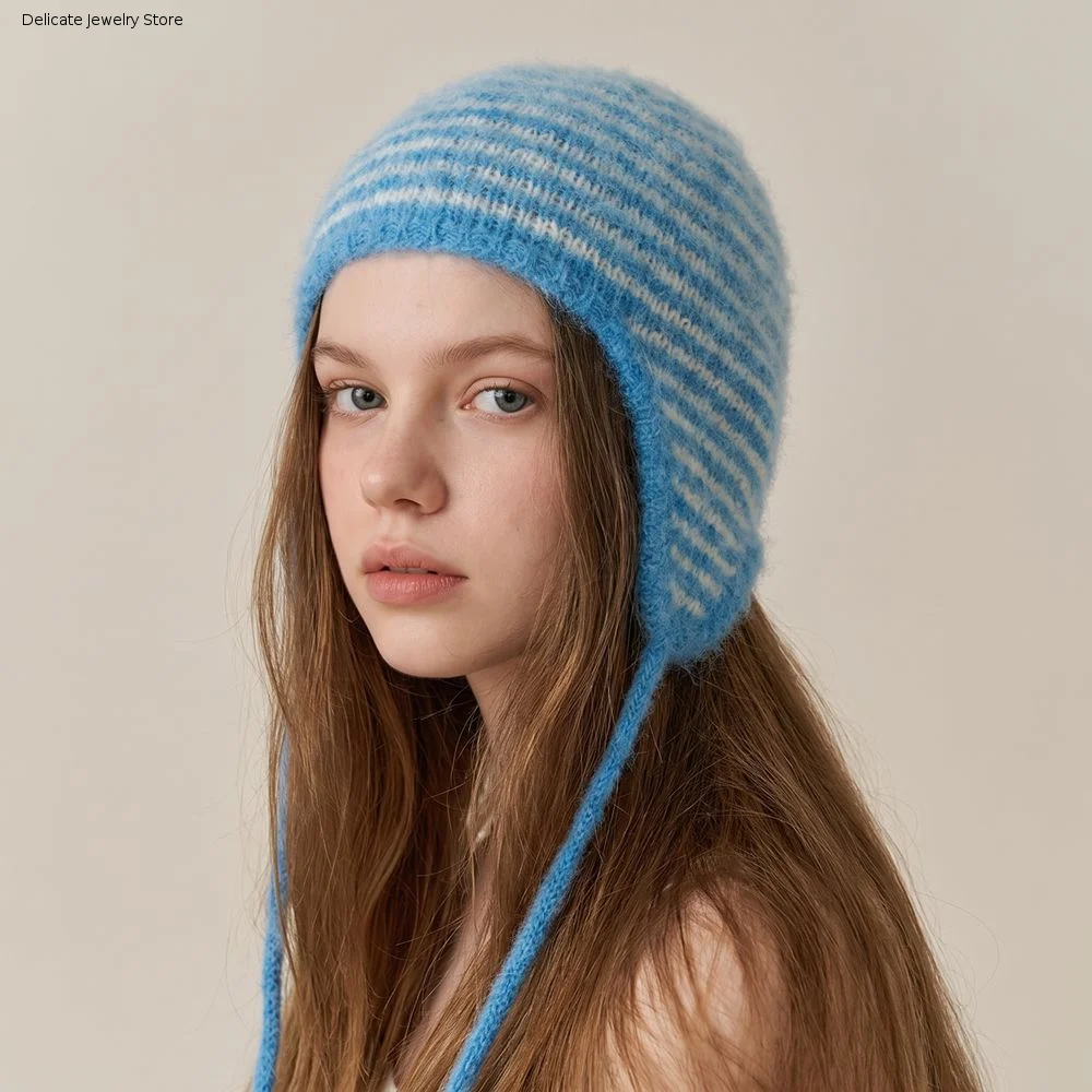 Cute Korean Style Earflap Hat Plush Solid Color Knitted Hat Cold Proof Thicken Knit Cap Apparel Accessories