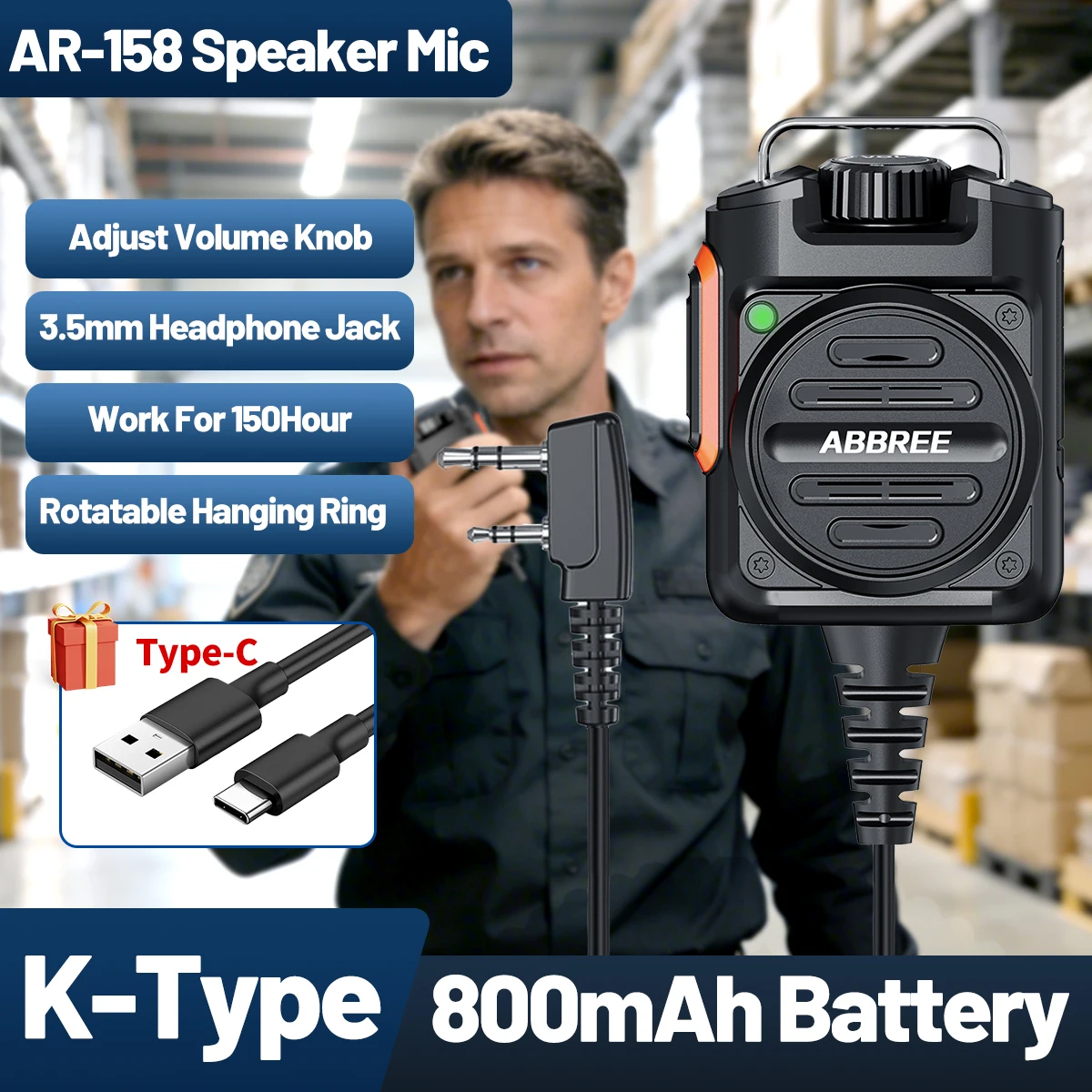 ABBREE AR-158 Speaker Mic Adjustable Volume K Plug High Power for Car Walkie Talkie Baofeng UV-5R Mini