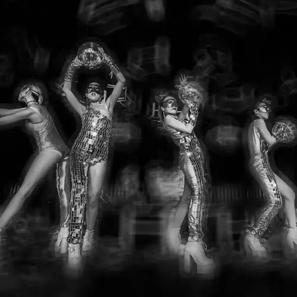 Nightclub Bar DJ Singer Dance Team Costume Sexy Stage Performance Clothes Diagonal Shoulder One Leg Silver Mirror Lens Jumpsuit