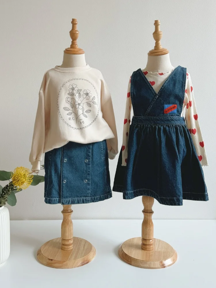 Conjunto de camisa e saia jeans infantil, vestido jeans feminino, vestidos de bebê, tops e calças, jeans infantil, 2024AW